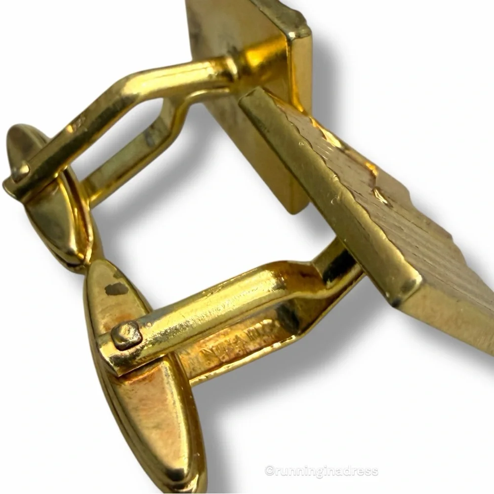 VTG 1980s Nina Ricci Gold Ribbon Textured N Monogram Cufflinks